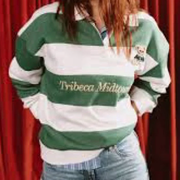 ZARA Tribeca Midtown NY Rugby Polo Sweatshirt Green Gray Striped Oversized - Picture 15 of 15
